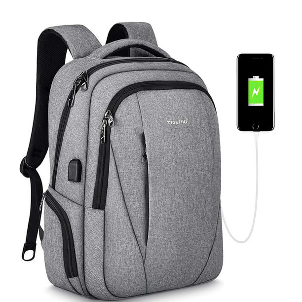 Color : Light Gray, Size : L Travel Backpack Business Casual Computer Backpack Ride USB Charging Port Shoulder Bag Schoolbags 